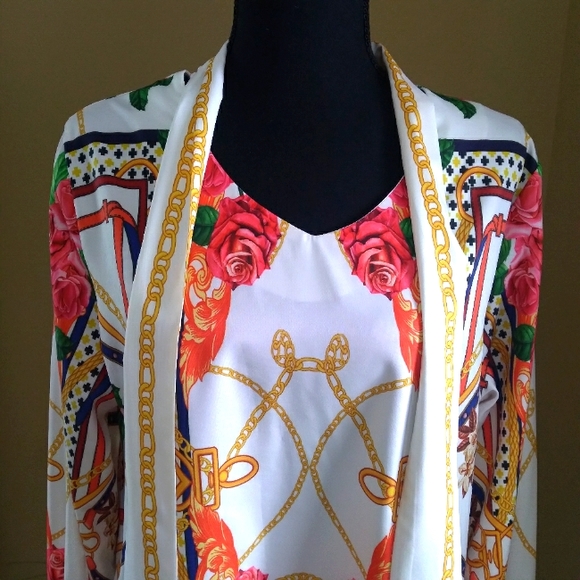 Women's Long Sleeve V-NECK Tie Multi-Color Flower Print Shirt-Size Large - Picture 7 of 10